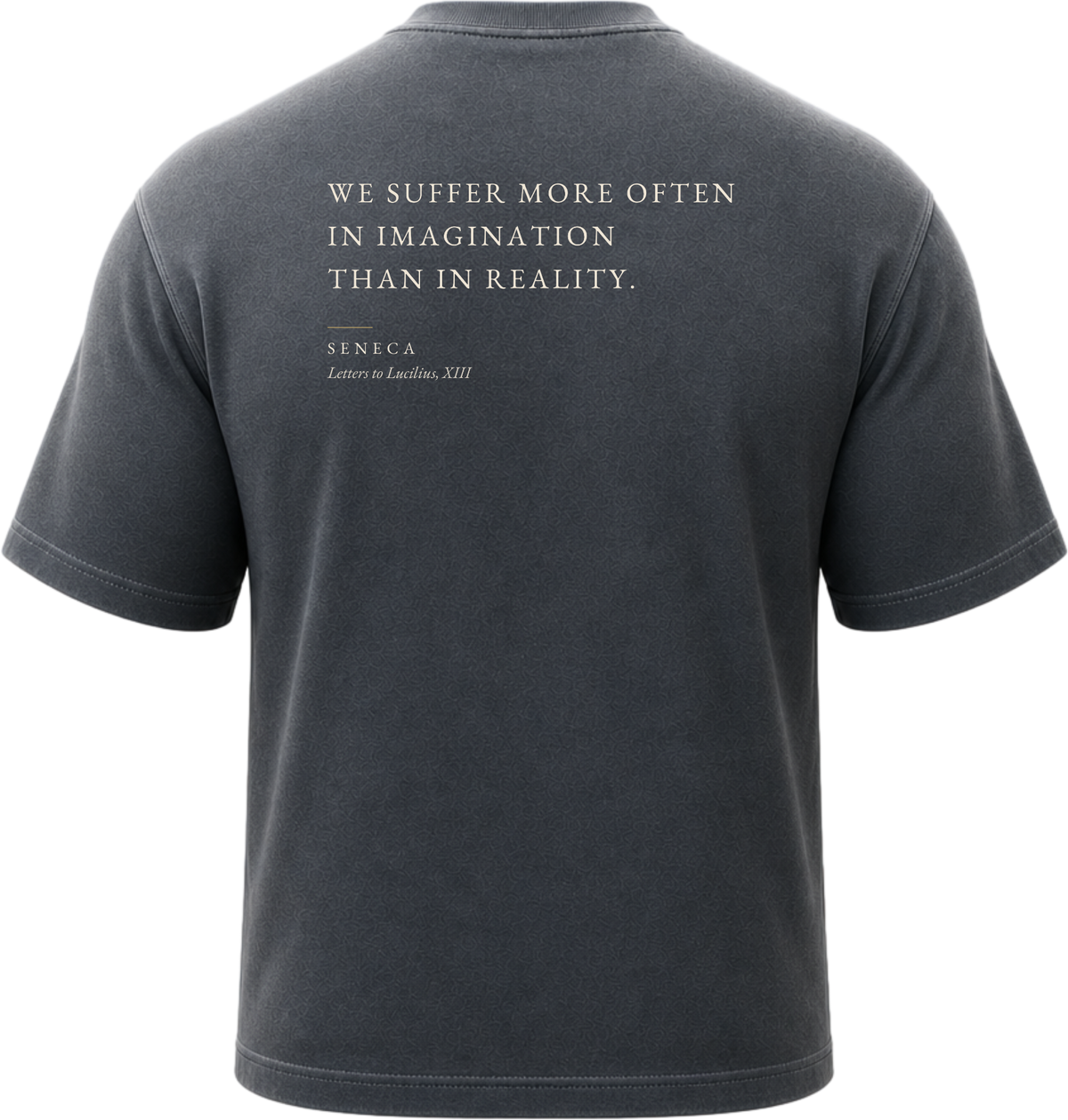 Pigment Black
Back view of a faded, lived-in black heavyweight cotton t-shirt cut in an intentionally oversized, boxy shape. The garment features architecturally balanced typography printed in Warm Parchment ink. The printed text reads: "WE SUFFER MORE OFTEN IN IMAGINATION THAN IN REALITY." with the attribution "SENECA" and "Letters to Lucilius, XIII" directly underneath in a classic serif font.