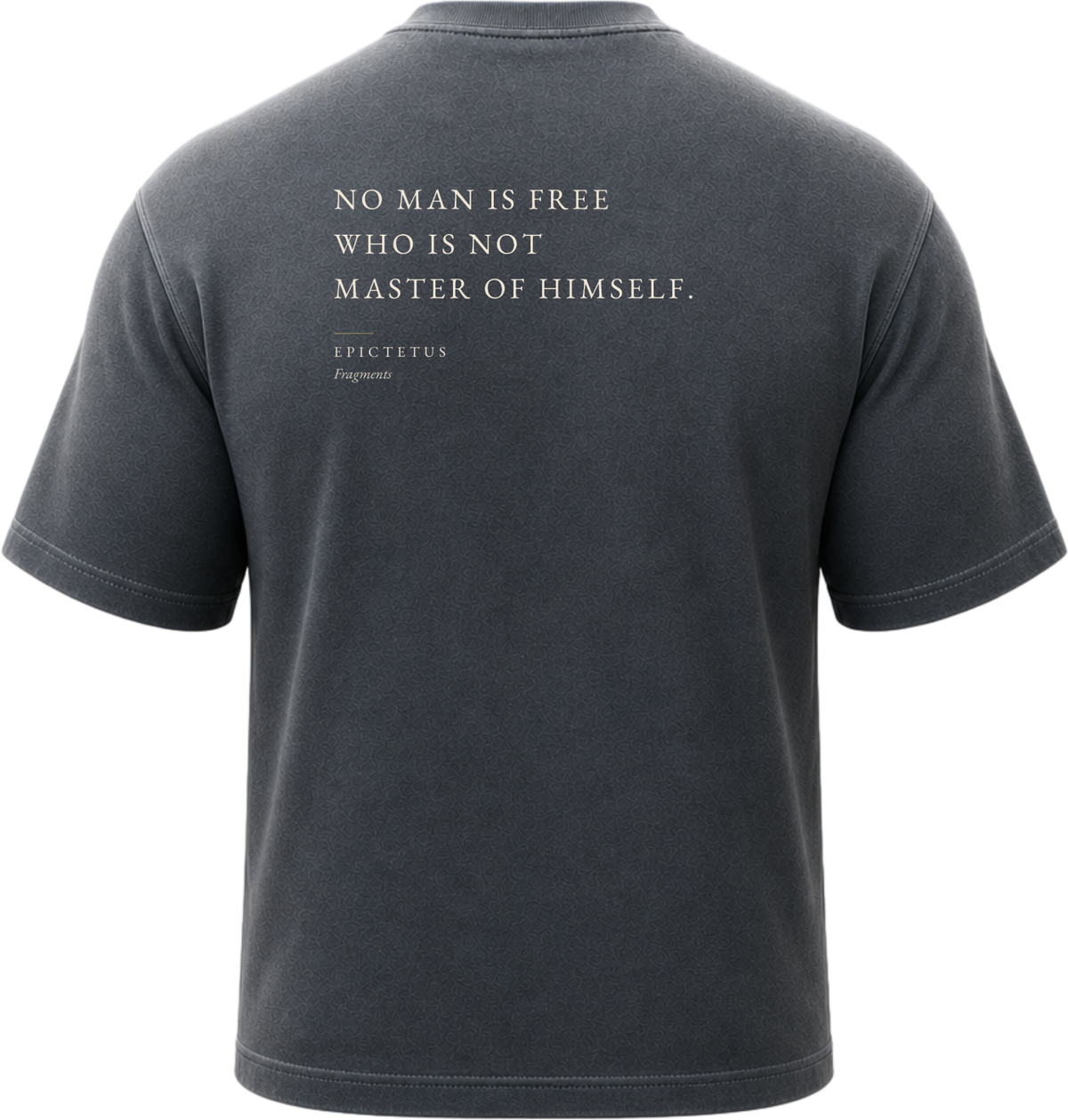 Pigment Black
Back view of a faded, lived-in black heavyweight cotton t-shirt cut in an intentionally oversized, boxy shape. The garment features architecturally balanced typography printed in Warm Parchment ink. The printed text reads: "NO MAN IS FREE WHO IS NOT MASTER OF HIMSELF." with the attribution "EPICTETUS" and "Fragments" directly underneath in a classic serif font.