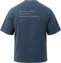 Pigment Midnight Navy
Back view of a faded, dark navy heavyweight cotton t-shirt cut in an intentionally oversized, boxy shape. The garment features architecturally balanced typography printed in Warm Parchment ink. The printed text reads: "NO MAN IS FREE WHO IS NOT MASTER OF HIMSELF." with the attribution "EPICTETUS" and "Fragments" directly underneath in a classic serif font.