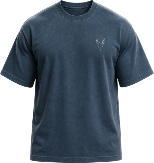 Pigment Midnight Navy
Front view of a faded, dark navy heavyweight cotton t-shirt cut in an intentionally oversized, boxy shape. The garment features architecturally balanced typography printed in Warm Parchment ink. The printed text reads: "NO LONGER TALK ABOUT THE KIND OF MAN THAT A GOOD MAN OUGHT TO BE, BUT BE SUCH." with the attribution "MARCUS AURELIUS" and "Meditations, X.16" directly underneath in a classic serif font.