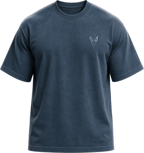 Pigment Midnight Navy
Front view of a faded, dark navy heavyweight cotton t-shirt cut in an intentionally oversized, boxy shape. The garment features architecturally balanced typography printed in Warm Parchment ink. The printed text reads: "WE ARE MADE PERFECT BY HABIT." with the attribution "ARISTOTLE" and "Nicomachean Ethics, II.1" directly underneath in a classic serif font.