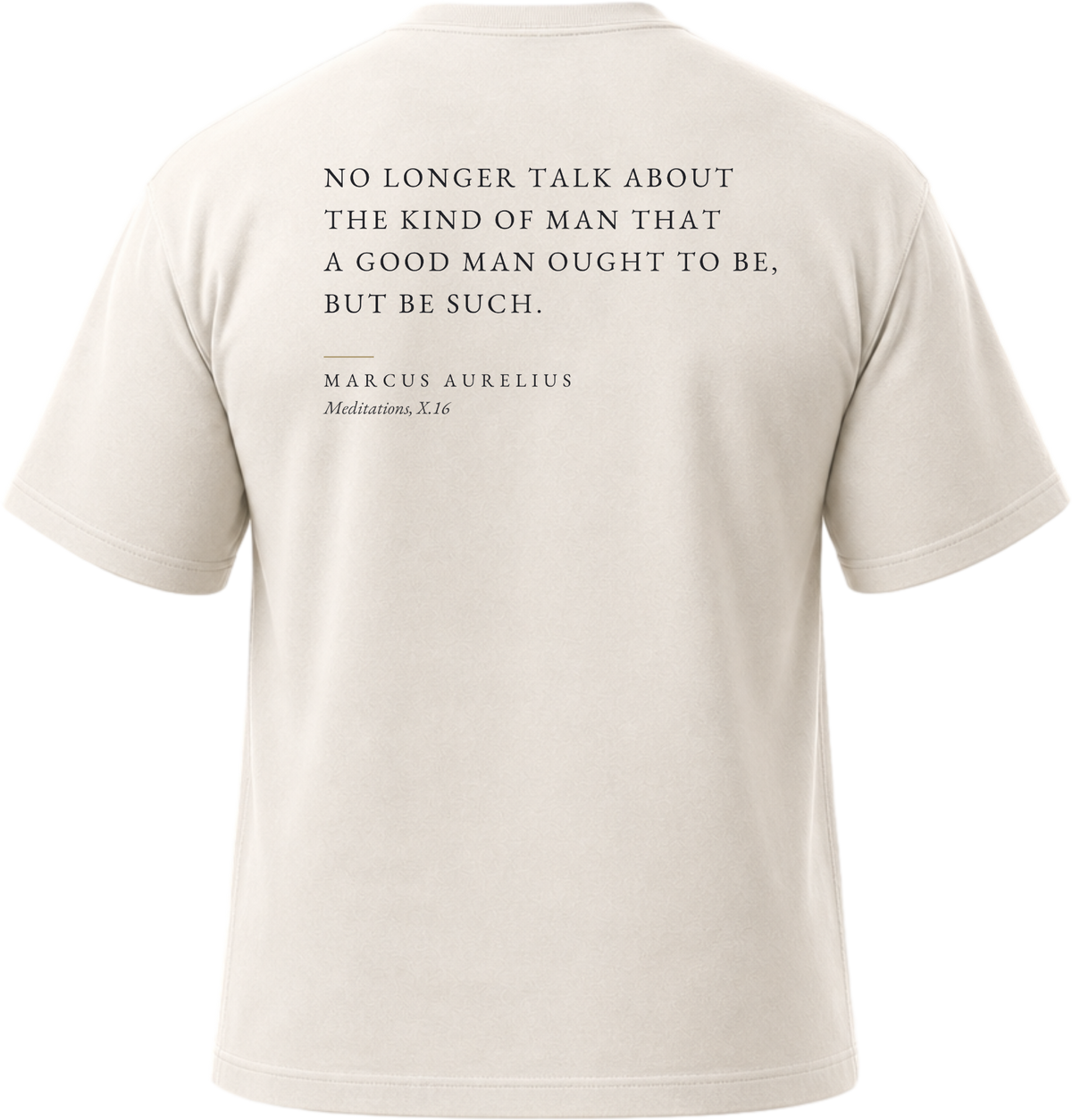 Pigment White
Back view of a soft, vintage-wash white heavyweight cotton t-shirt cut in an intentionally oversized, boxy shape. The garment features architecturally balanced typography printed in deep ink. The printed text reads: "NO LONGER TALK ABOUT THE KIND OF MAN THAT A GOOD MAN OUGHT TO BE, BUT BE SUCH." with the attribution "MARCUS AURELIUS" and "Meditations, X.16" directly underneath in a classic serif font.
