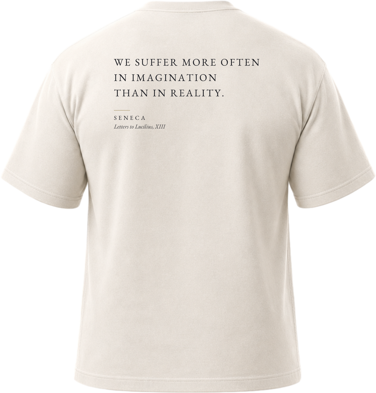 Pigment White
Back view of a soft, vintage-wash white heavyweight cotton t-shirt cut in an intentionally oversized, boxy shape. The garment features architecturally balanced typography printed in deep ink. The printed text reads: "WE SUFFER MORE OFTEN IN IMAGINATION THAN IN REALITY." with the attribution "SENECA" and "Letters to Lucilius, XIII" directly underneath in a classic serif font.